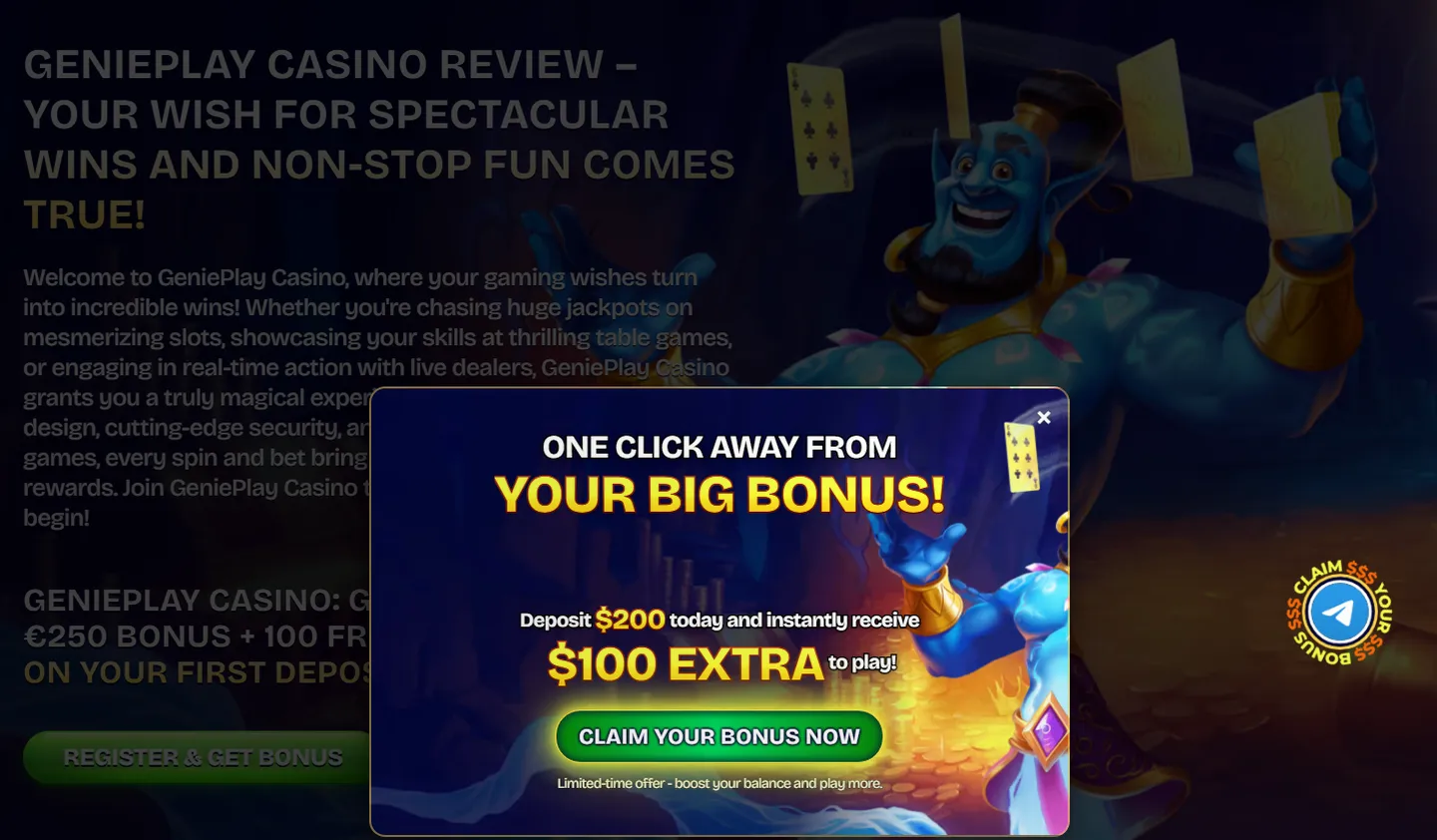 GeniePlay Casino — Bis zu 250 € + 100 Freispiele